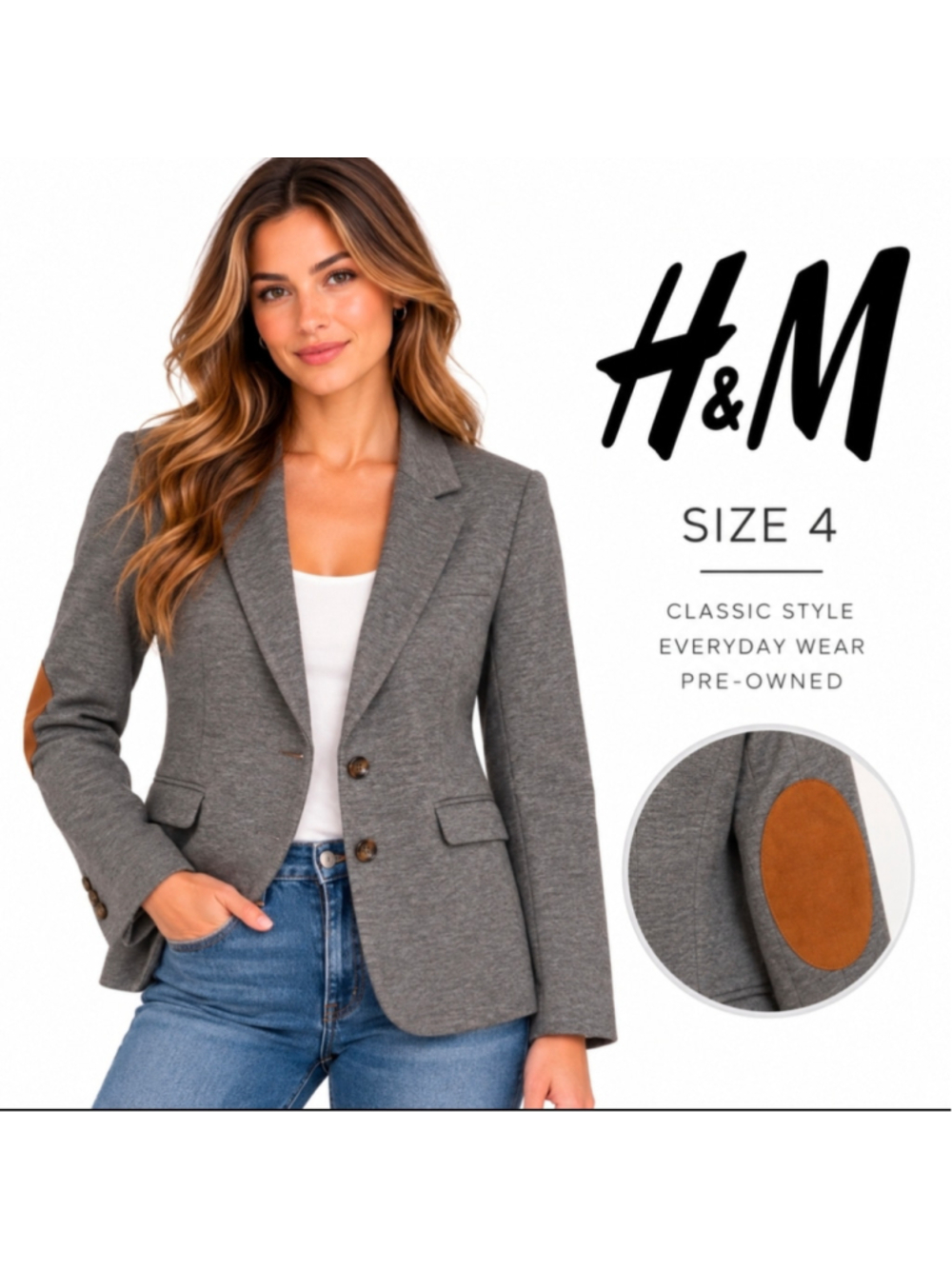 H&M Grey Blazer with Brown Elbow Patches Size 4 Office Preppy